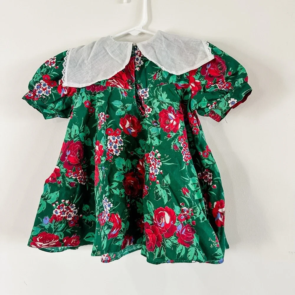 Vintage Girls 3T Kalula Kids Green & Red Rose Floral Dress‎ Lace Collar 90's
